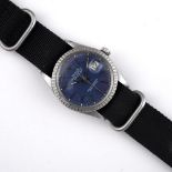 A GENTLEMAN'S STAINLESS STEEL OYSTER PERPETUAL DATEJUST WRISTWATCH BY ROLEX. the signed blue dial