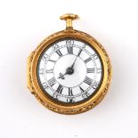 AN EARLY 18TH CENTURY GOLD PAIR CASED QUARTER REPEATING VERGE POCKET WATCH. the high quality fusee