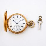 AN 18CT GOLD HALF HUNTING CASED POCKET WATCH. the white enamel dial signed Goldsmith's Company,