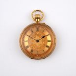 AN 18CT GOLD POCKET OPEN FACED POCKET WATCH. the foliate engraved dial with Roman numerals, the