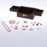 A QUANTITY OF ASSORTED CORAL JEWELLERY IN BROWN LEATHER JEWELLERY BOX. a pair of Georgian drop
