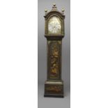 A CHINOISERIE LACQUERED LONGCASE CLOCK. the 11 1/2" silvered dial with Roman and Arabic numerals,