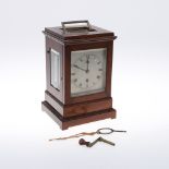 A LATE 19TH CENTURY MAHOGANY MANTEL TIMEPIECE. the 3 3/4" silvered dial on a brass single train