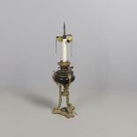 A 19TH CENTURY TABLE LAMP. of gilt brass and bronze on triform base, height 77cm. * Some