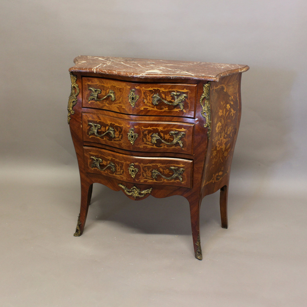 A LOUIS XV STYLE MARBLE TOPPED PETIT COMMODE. 19th century, of serpentine form, the marble top above