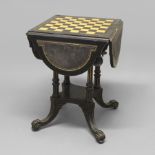 A VICTORIAN GILLOW'S EBONISED GAMES TABLE. the top with tooled leather insert reversing to a chess