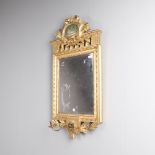 A 19TH CENTURY SWEDISH GILT FRAMED WALL MIRROR. the rectangular bevel edged plate with a ribbon