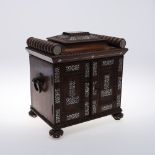 A REGENCY ROSEWOOD AND MOTHER-OF-PEARL TRAVELLING CABINET. the sarcophagus top with turned and