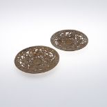 A PAIR OF COALBROOKDALE CAST IRON FRUIT DISHES. with pierced decoration in the style of Karl