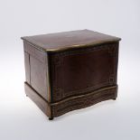 A 19TH CENTURY BURR WOOD LIQUEUR BOX. the hinged case inlaid with brass and various woods in a