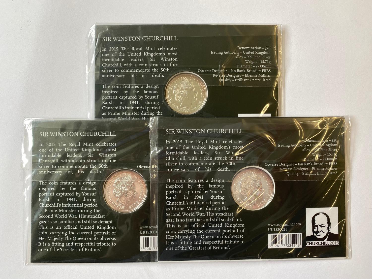 THREE 2015 SIR WINSTON CHURCHILL SILVER £20 COINS. - Image 2 of 2