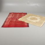 EARLY 20THC RED TABLE COVER, & AN INDIAN SILK TABLE COVER.