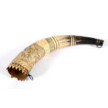 19THC ENGRAVED POWDER HORN - HUNTING INTEREST.