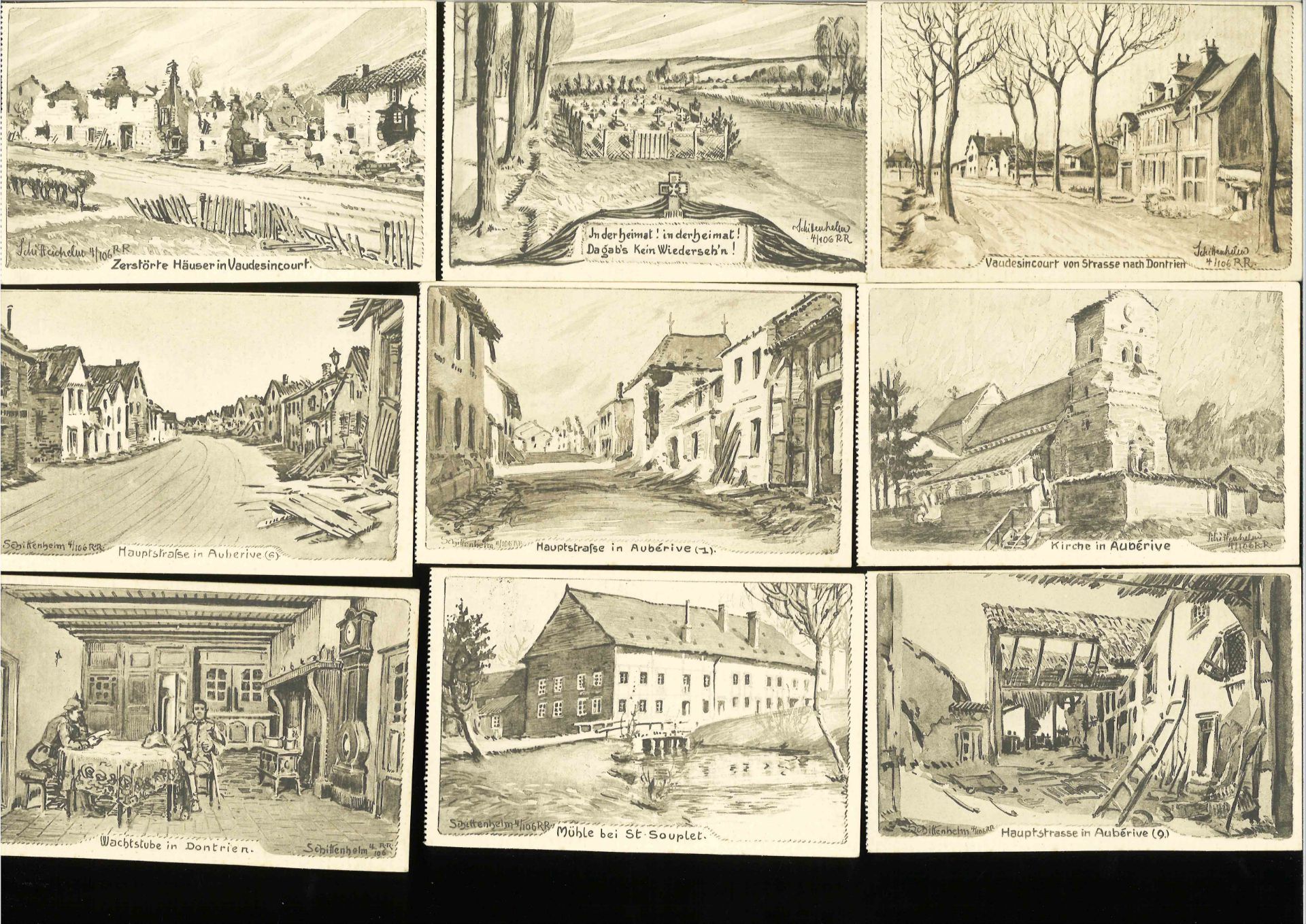 Feldpostkarten Serie 1. Weltkrieg. Gemalt von Schittenhelm, 4/106 RR. Insgesamt 9 Stück.