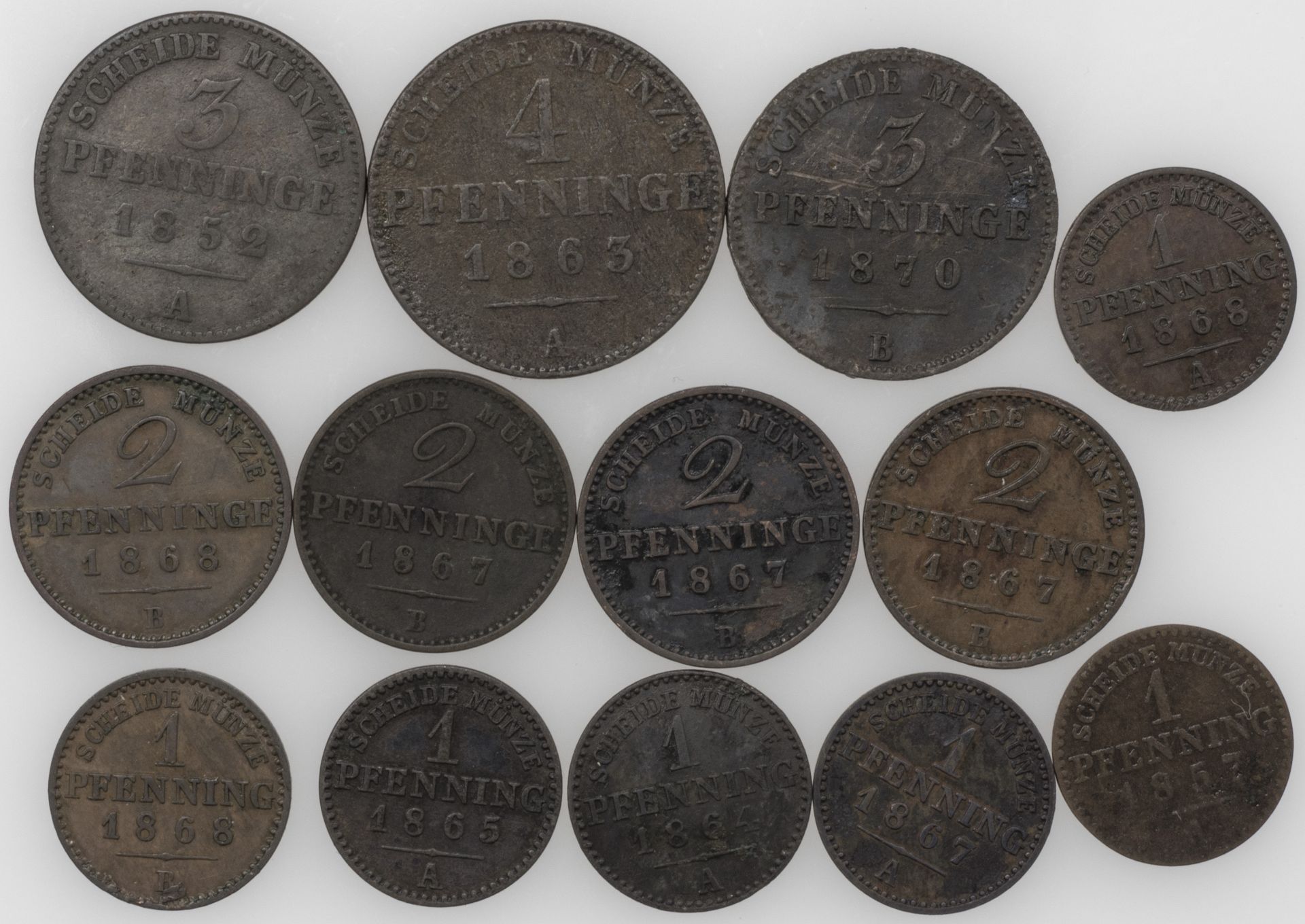 Altdeutschland Preußen 1852/70, Lot 1 Pf, 2 Pf, 3 Pf. und 4 Pfennig - Münzen. Erhaltung: ss.