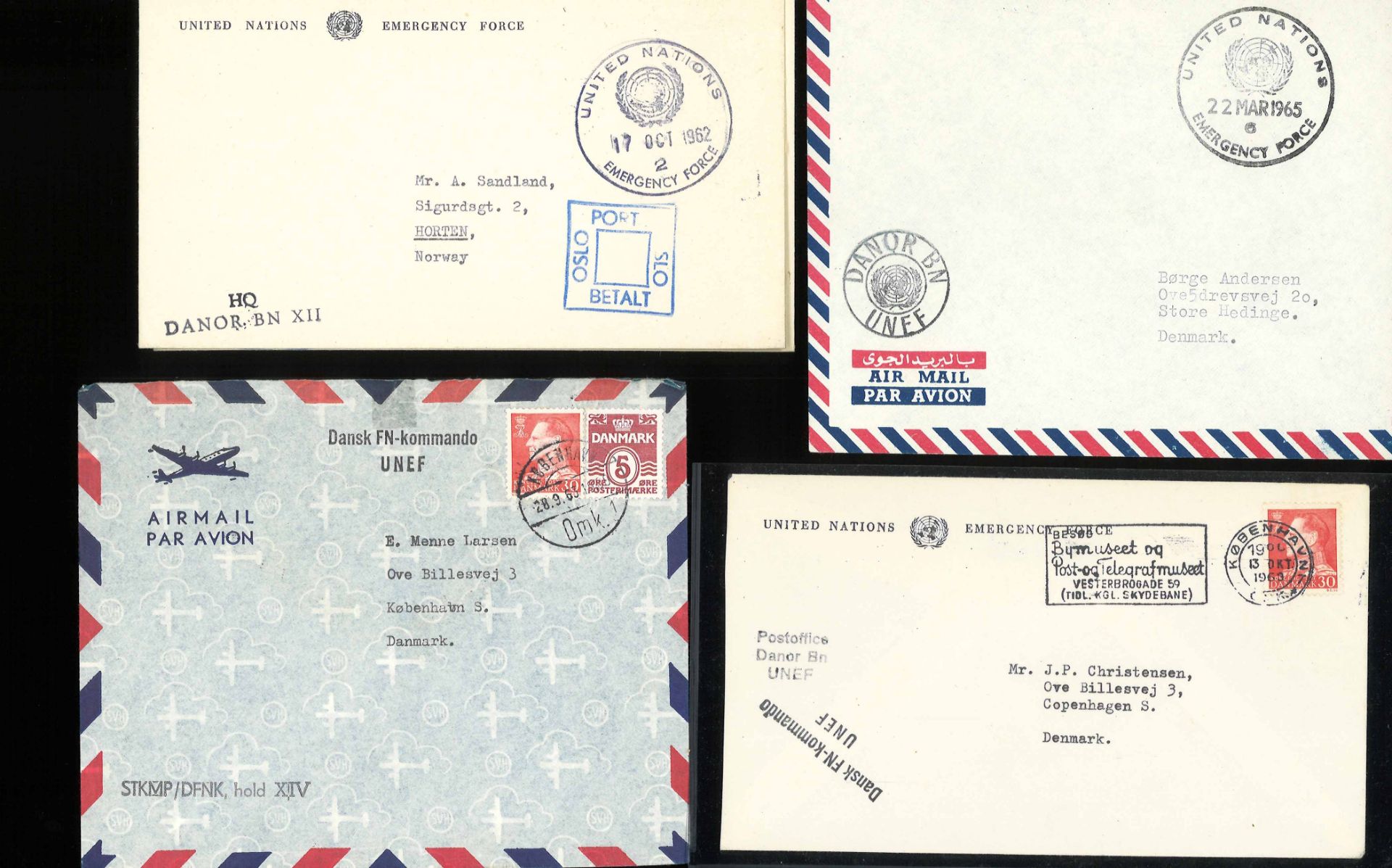 Dänemark - Besonderheiten, 1962/65, Vereinte Nationen, 17 Briefe und Flugbriefe von UNEF, Dänische