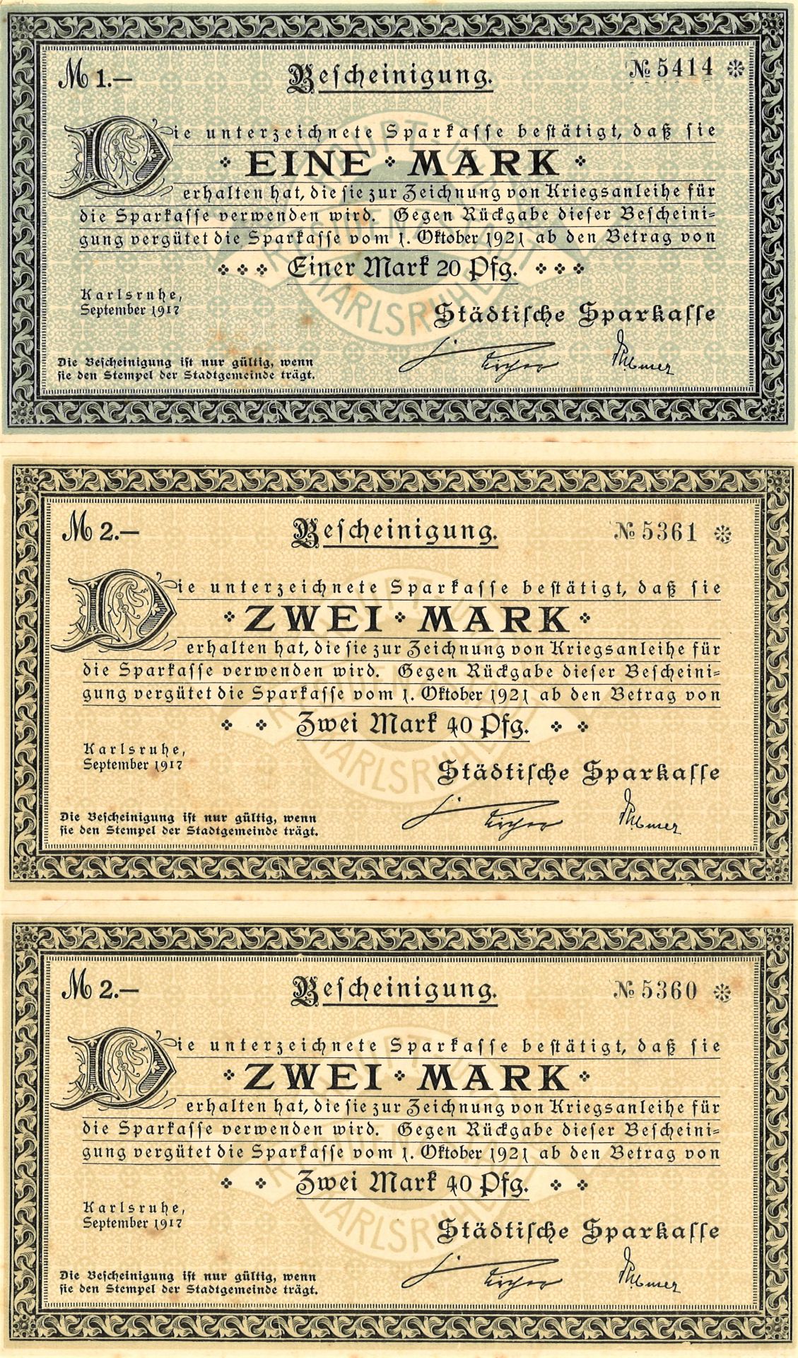 Banknoten / Kriegsanleihe, 3 Scheine der städtischen Sparkasse Karlsruhe Baden, 2 x 2 Mark, 1 x 1