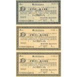 Banknoten / Kriegsanleihe, 3 Scheine der städtischen Sparkasse Karlsruhe Baden, 2 x 2 Mark, 1 x 1