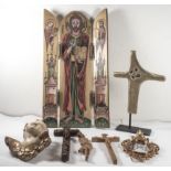 Konvolut Religiöses, bestehend aus Triptychon, verschiedene Holzkreuze, 1 x mit Fach für Rosenkranz,