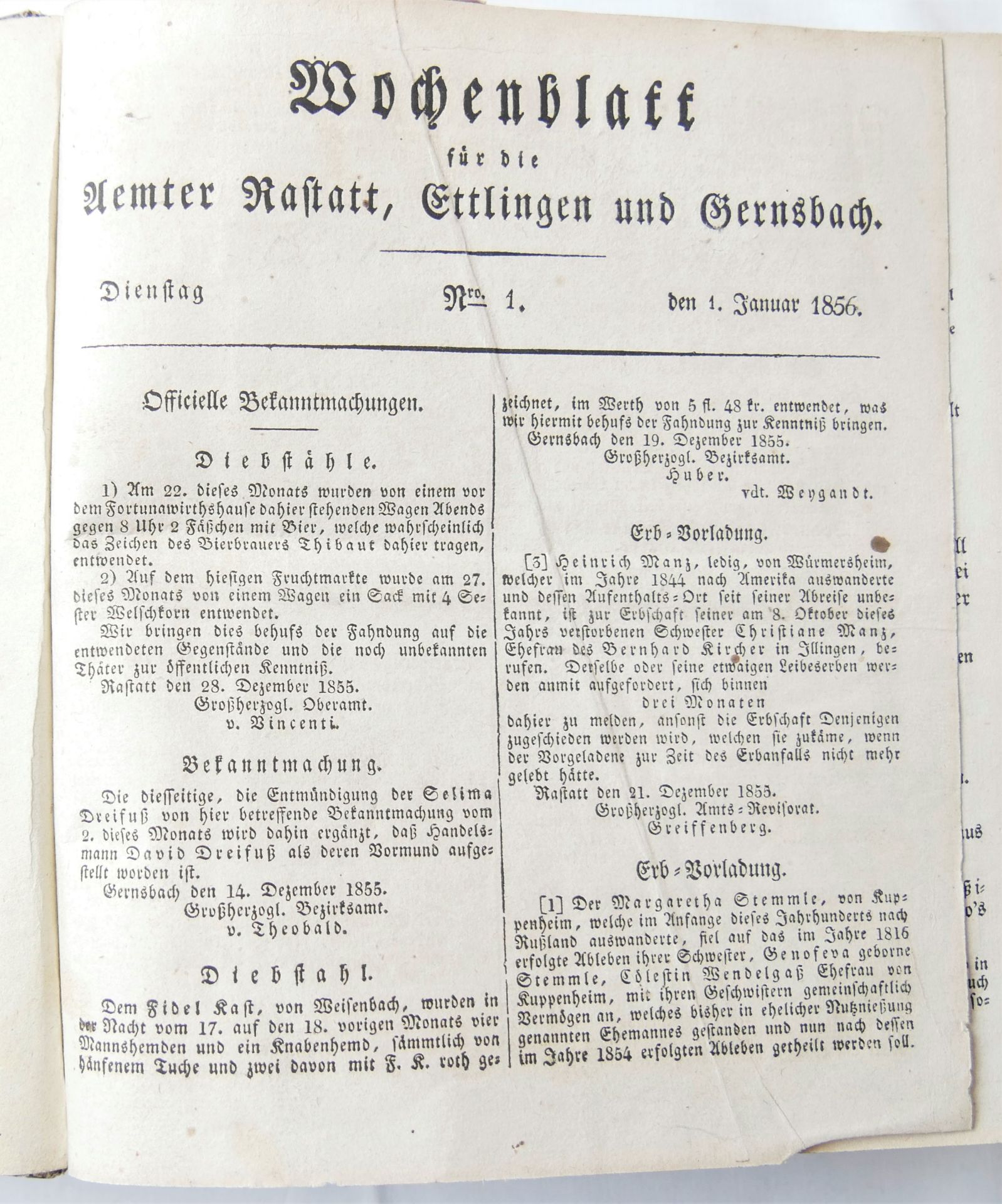 Wochenblatt für Ämter Rastatt, Ettlingen und Gernsbach, 1856