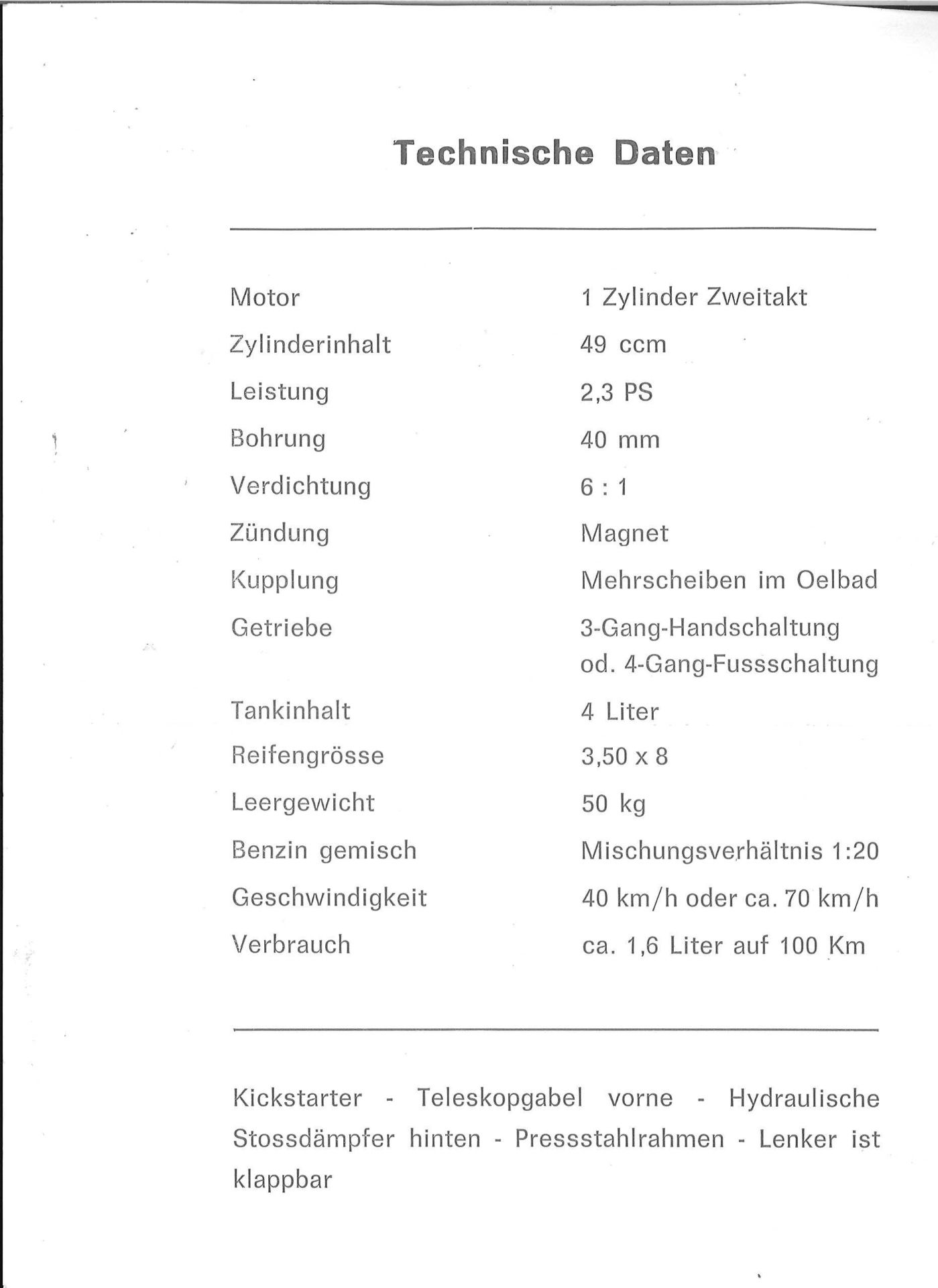 Prospekt Benelli Mini Bike mit Technischen Daten. - Bild 2 aus 2