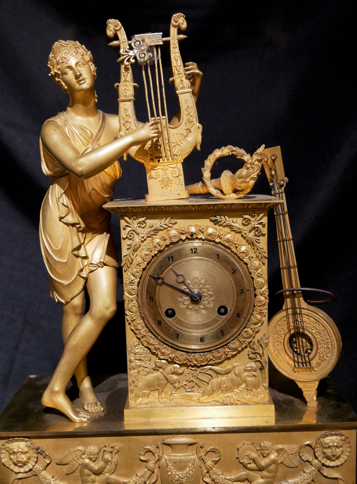 Große Pariser Empire Bronze Pendule um 1815/30. Jüngling mit Harfe. Funktion geprüft. Schönes - Bild 2 aus 7