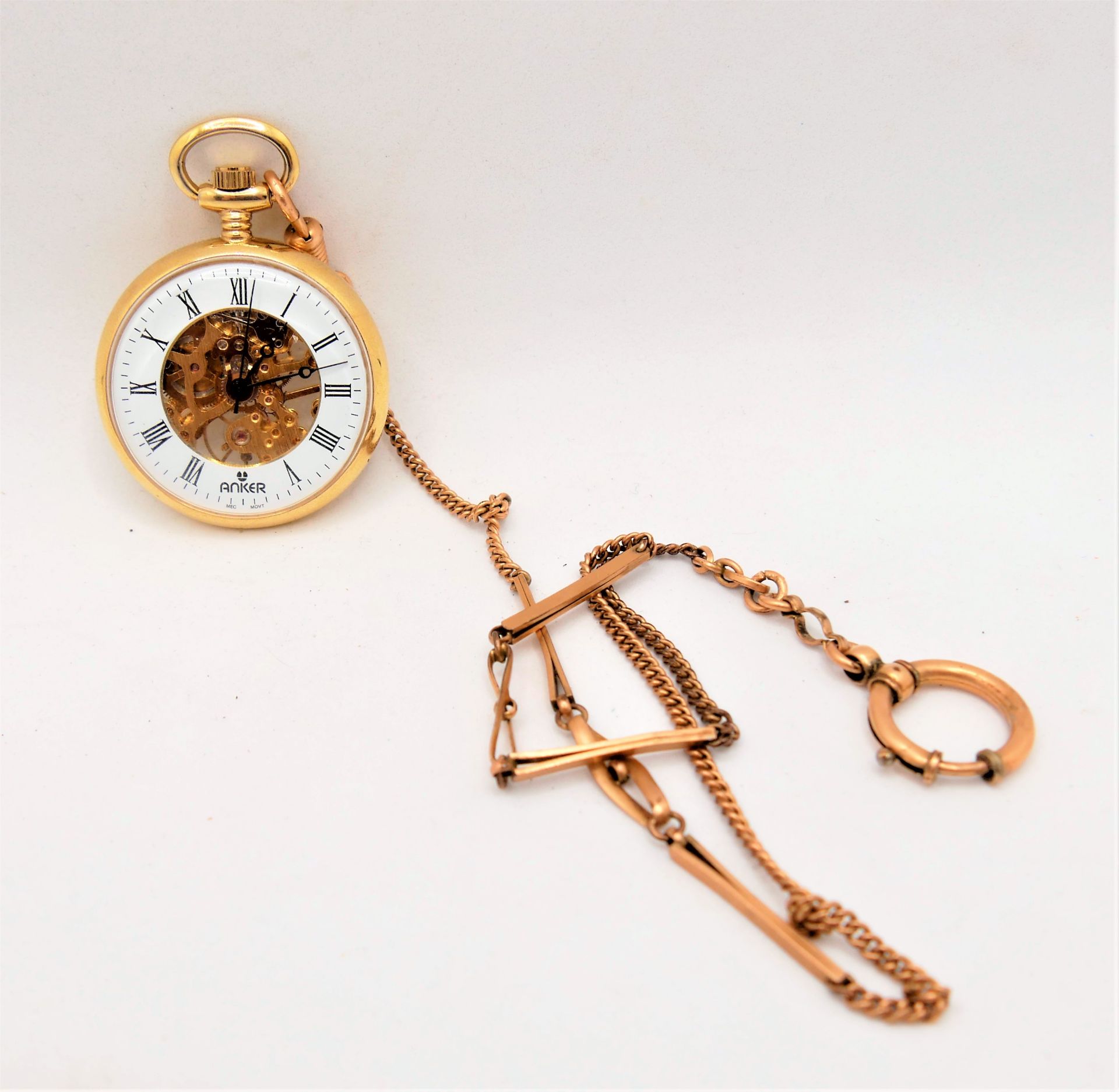 Schöne Anker Taschenuhr an alter Gold Double Uhrenkette, sichtbares Werk. Guter Zustand.