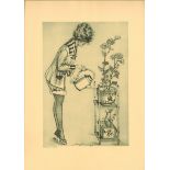 Max Brünning (1887-1968), Lithographie / Druckgrafik "Mädchen beim Blumen gießen". Gesamtmaße des