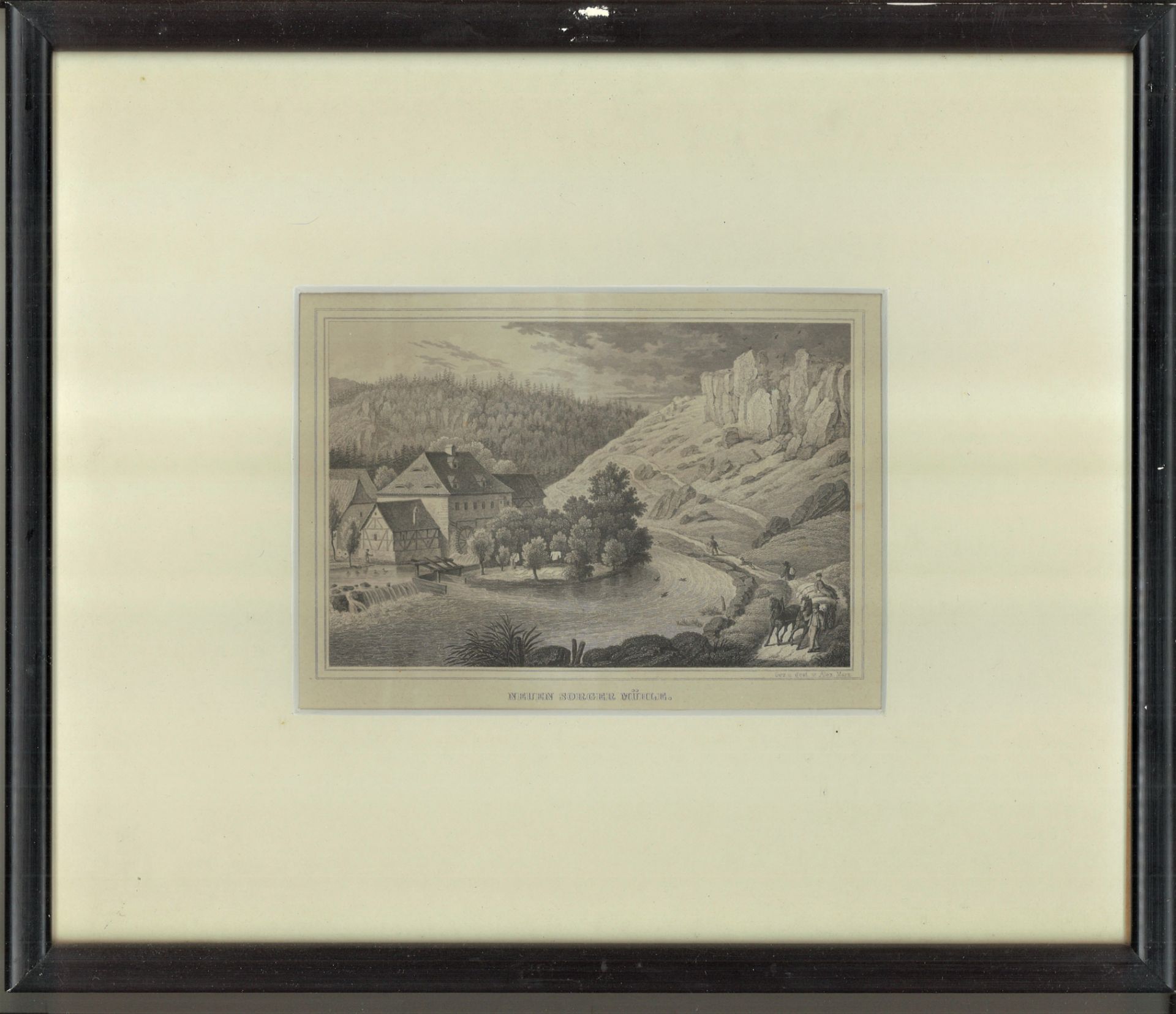 Stahlstich "Neuen Sorger Mühle", Zeichner: Alex Marx (1815 - ), Blattgröße: ca. B 17 cm x 12,5 cm,