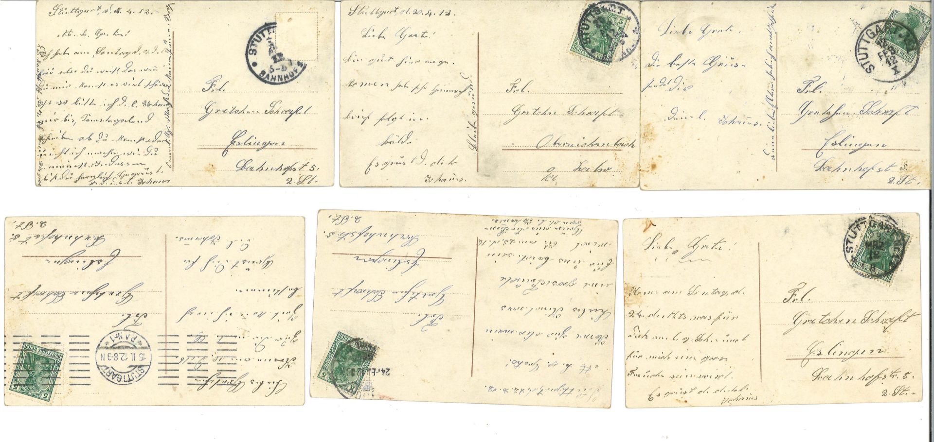 Postkartenserie von 1912, insgesamt 6 Stück. Gedicht: Müde kehrt ein Wandersmann zurück .... Alle