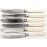 6 Messer mit Beingriff, teilweise mit Sprung. Klinge Solingen inox.