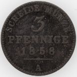 Schwarzburg - Sondershausen 1858, 3 Pfennige, Günther Friedrich Carl II., Kupfer. KM 143. Erhaltung: