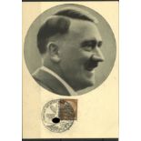 Postkarte Hitlerportrait. Sonderstempel auf Hindenburg Marke "Gautag Westwall 1939"