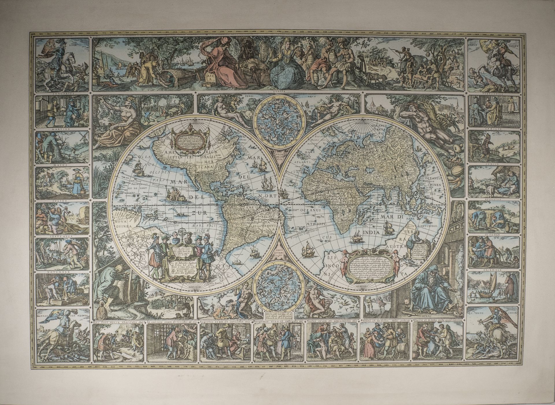 Historische Weltkarte, illustriert. Papier auf Platte. Maße: ca. 103 cm x ca. 71,5 cm.