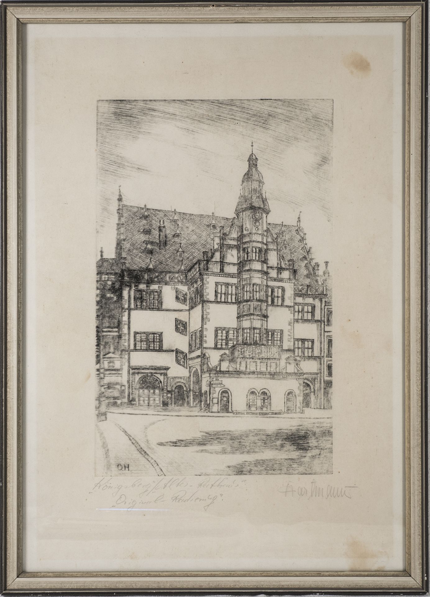 Hartmann, "Königsberg - Altes Rathaus". Original Radierung. Hinter Glas gerahmt. Rahmenmaß: ca. 43