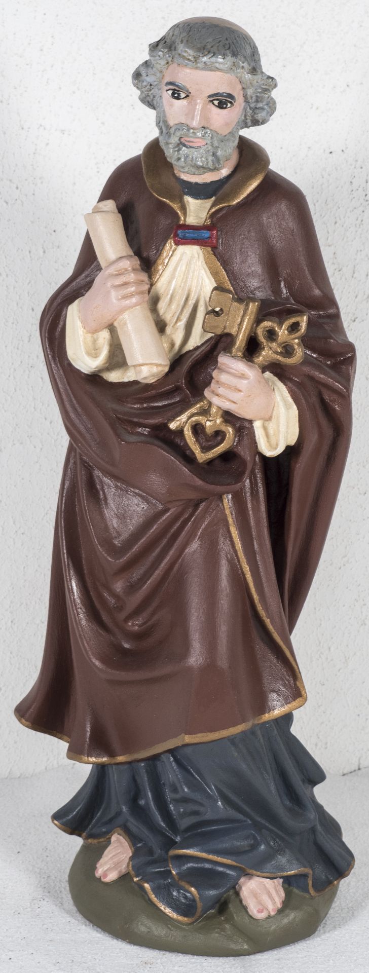 Holzfigur, Hl. Petrus mit zwei Schlüssel, farblich ausstaffiert. Höhe: ca. 35 cm.