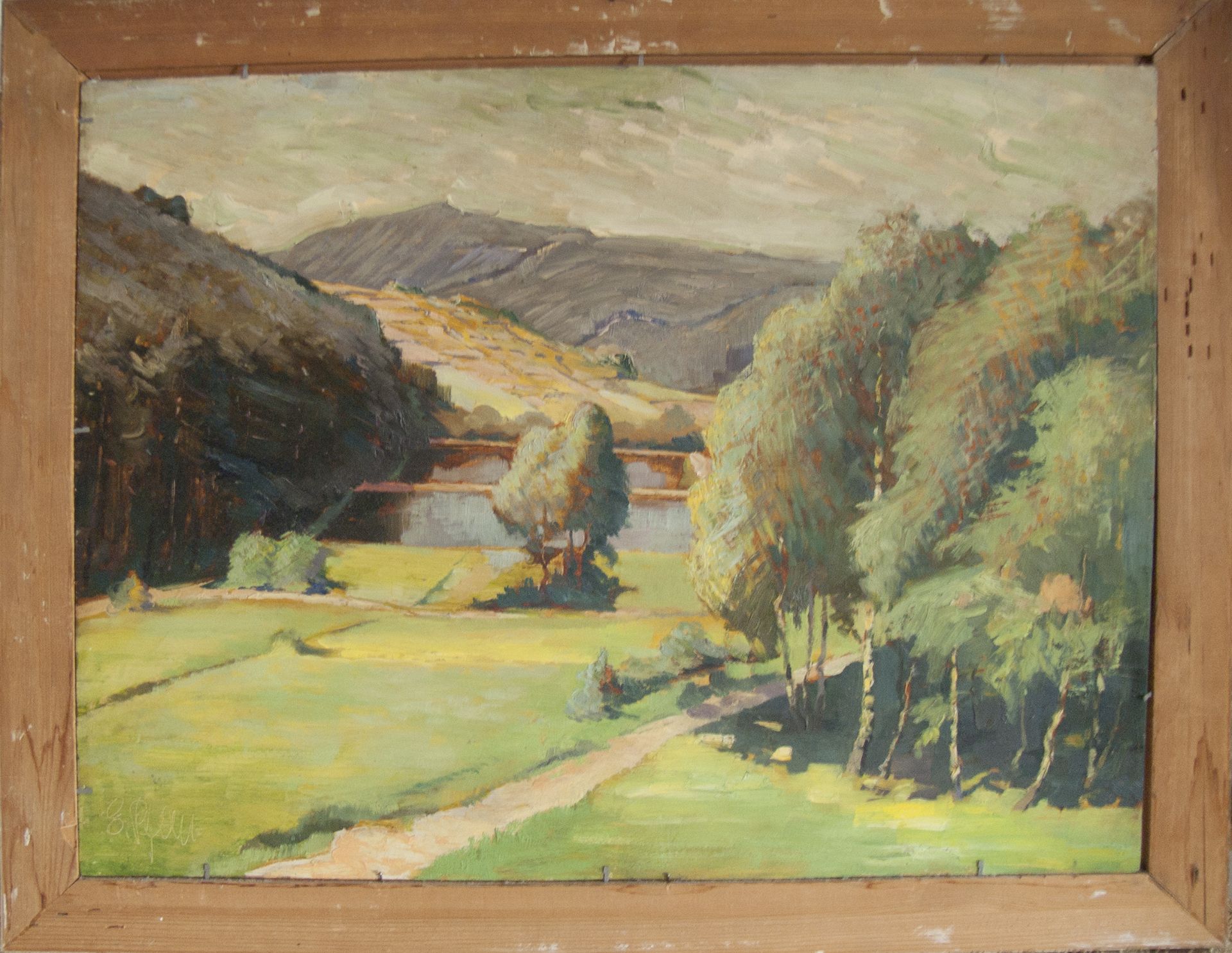 Ernst Pfau (1879-1965), "Pfälzer Landschaft mit Fischweihern", Ölgemälde auf Malkarton, rechts unten - Bild 4 aus 4