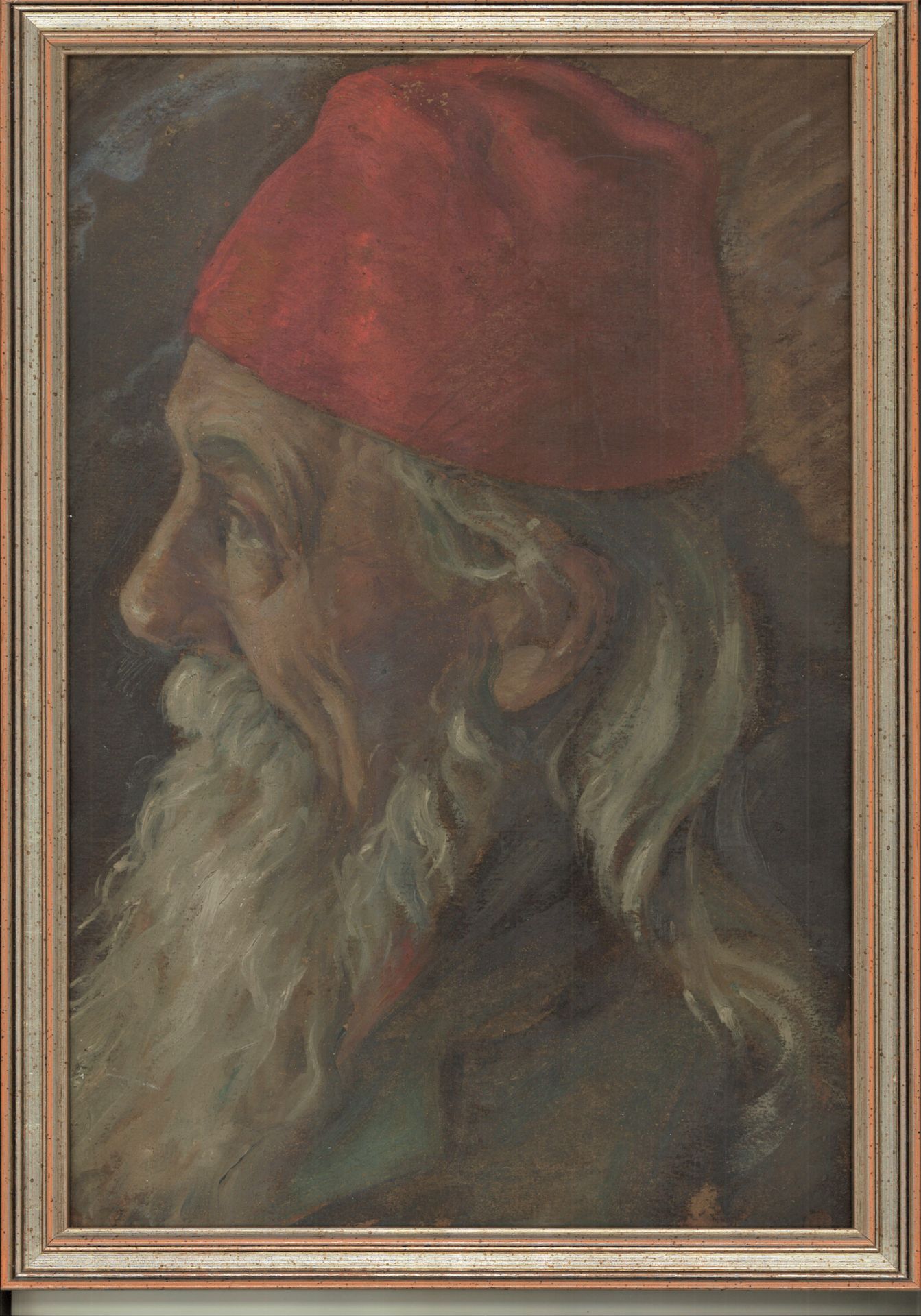 unbekannter Künstler, Ölgemälde auf Pappe, "Bärtiger Mann mit roter Kappe", gerahmt, Maße: ca.