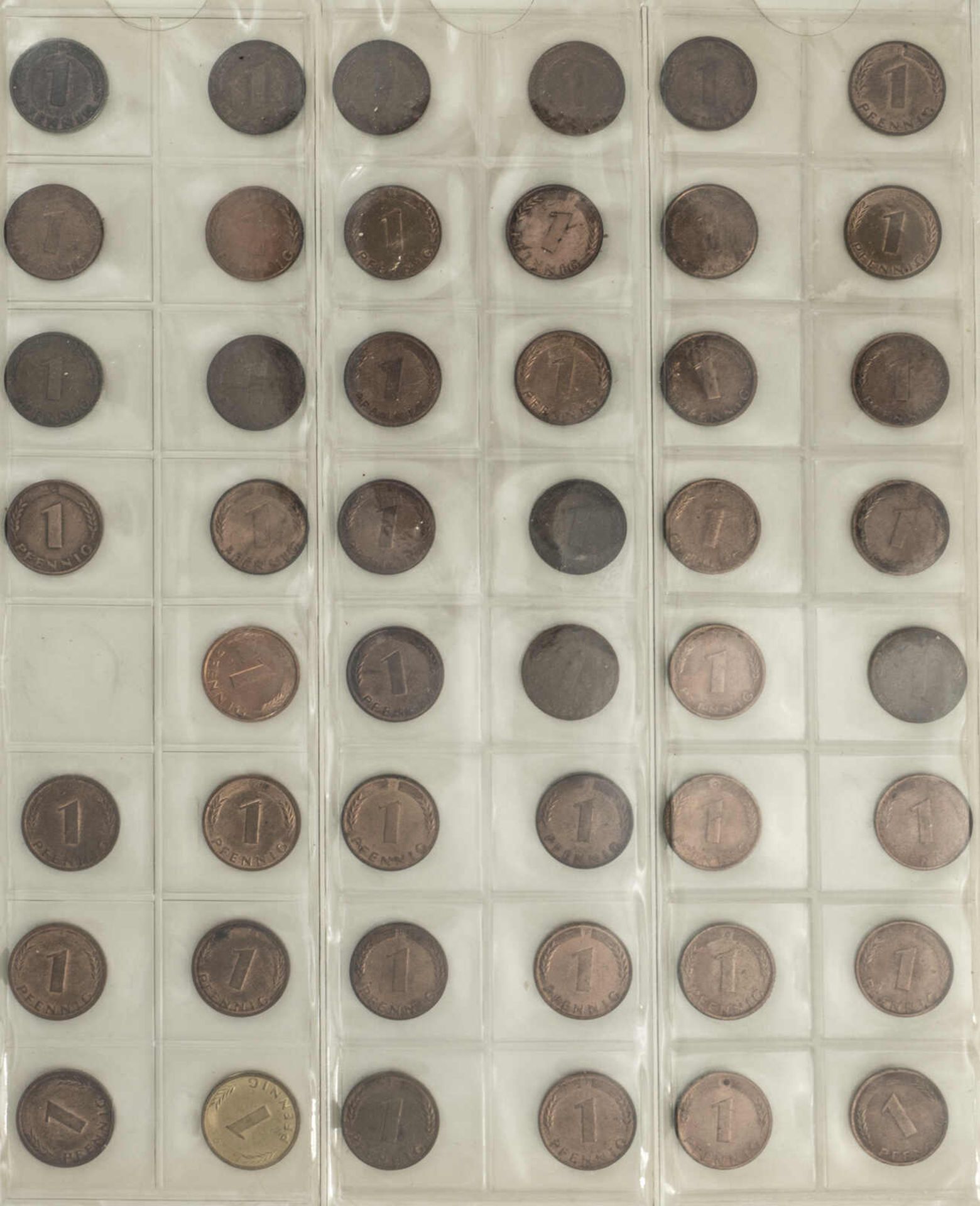 BRD 1948/89, Münzsammlung 1-, 2-, 5- und 10 Pfennig. Dabei 1 Pfennig: 1948/49 Bank deutscher