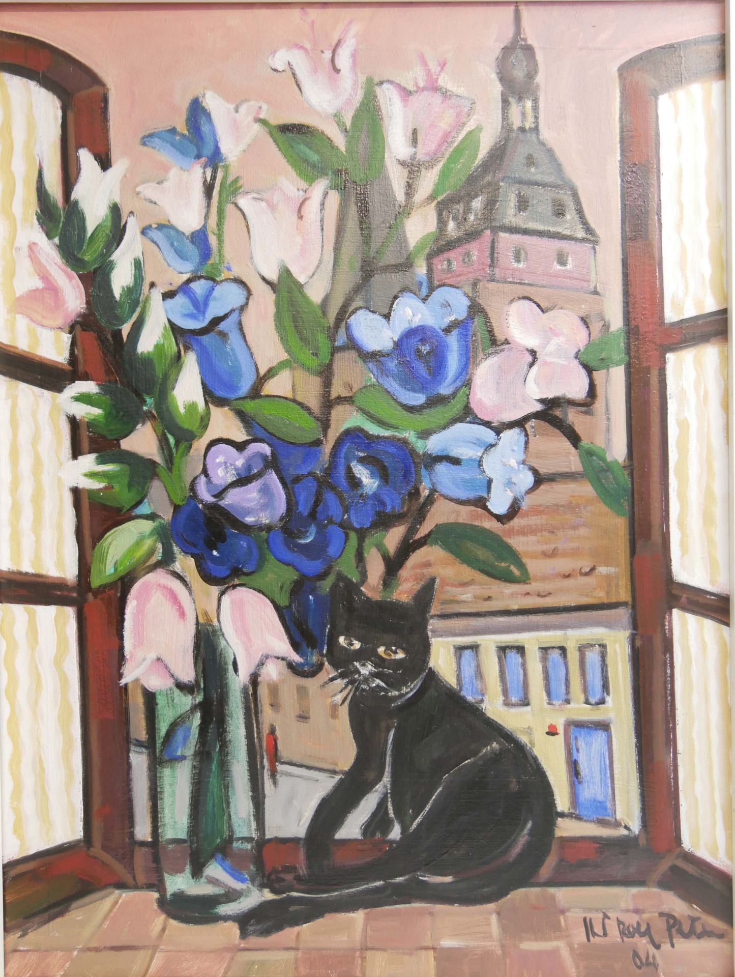 Hans Rolf Peter (1926 - 2020), " Tulpen in Vase mit Katze", Ölgemälde auf Leinwand, rechts unten - Bild 2 aus 3