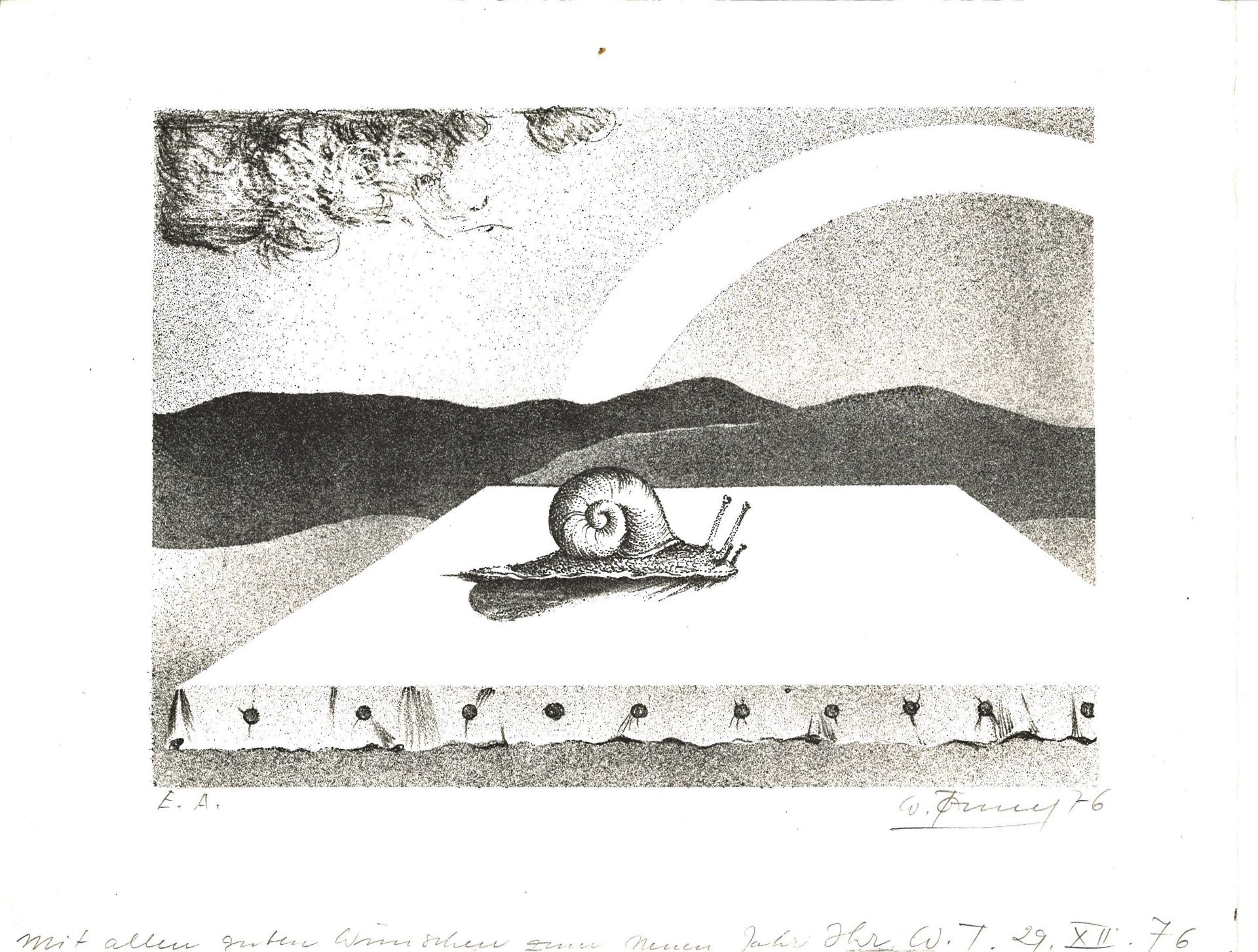 Winfried Tonner (1937-2002), Lithographie "Die Schnecke und der Regenbogen", rechts unten Signatur