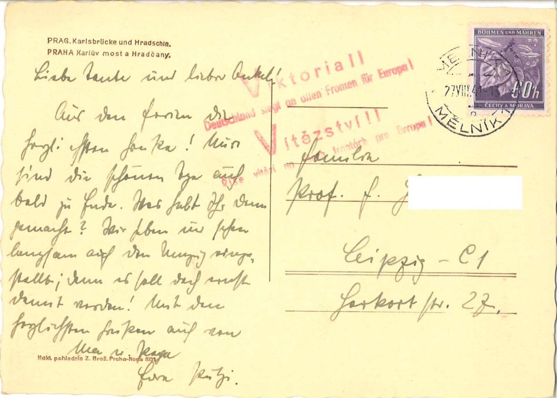 Ansichtspostkarte Prag nach Leipzig August 1941. Roter Vierzeiler Stempel "Viktoria - Deutschland - Bild 2 aus 2