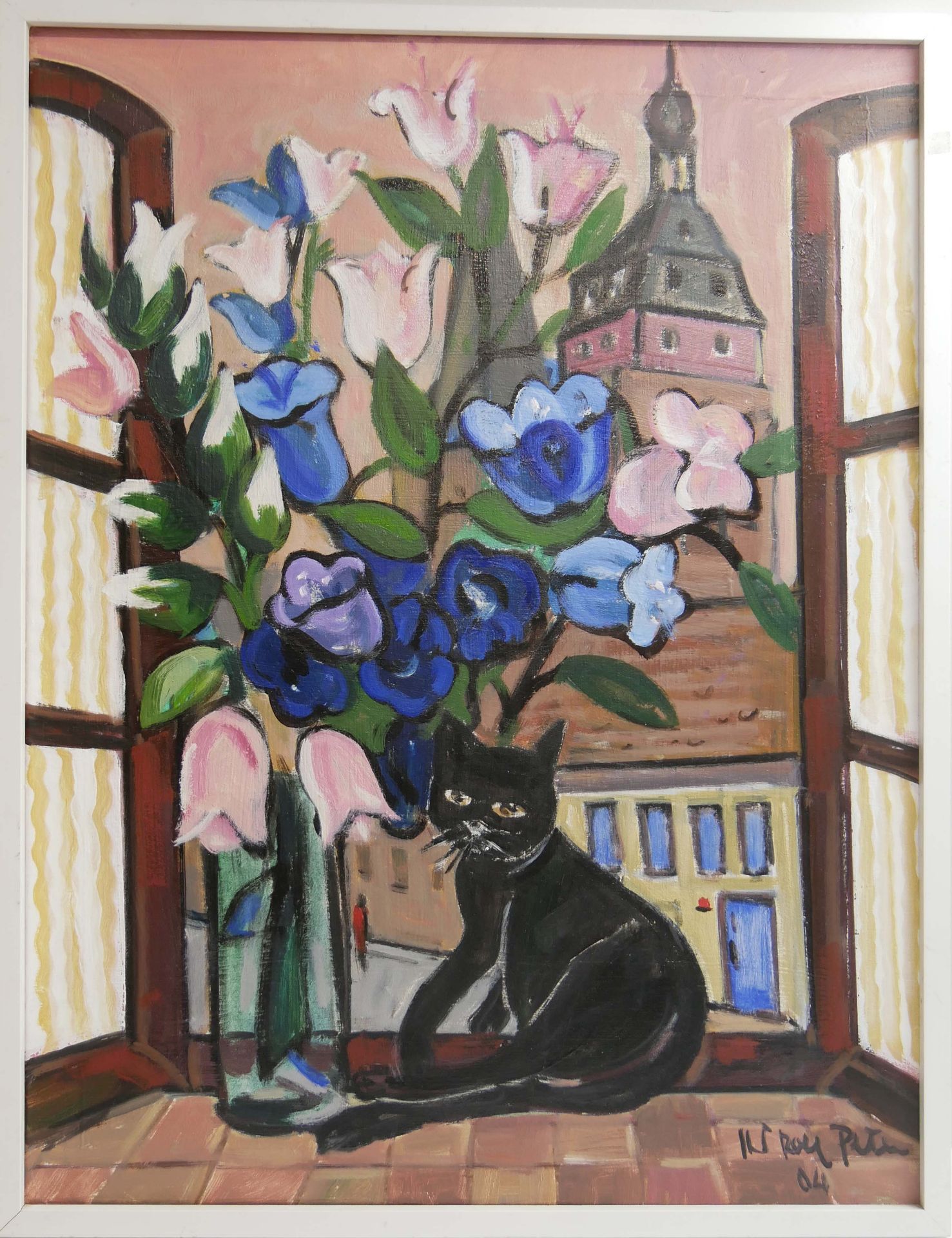 Hans Rolf Peter (1926 - 2020), " Tulpen in Vase mit Katze", Ölgemälde auf Leinwand, rechts unten