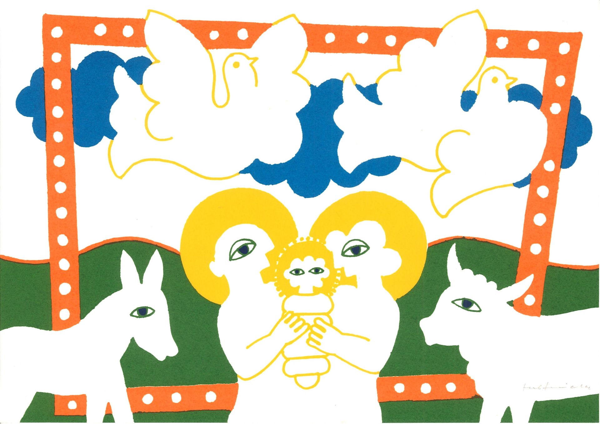 Herbert Schneider (1924-1983), Farbsergraphie "Die Heilige Familie", rechts unten Signatur.