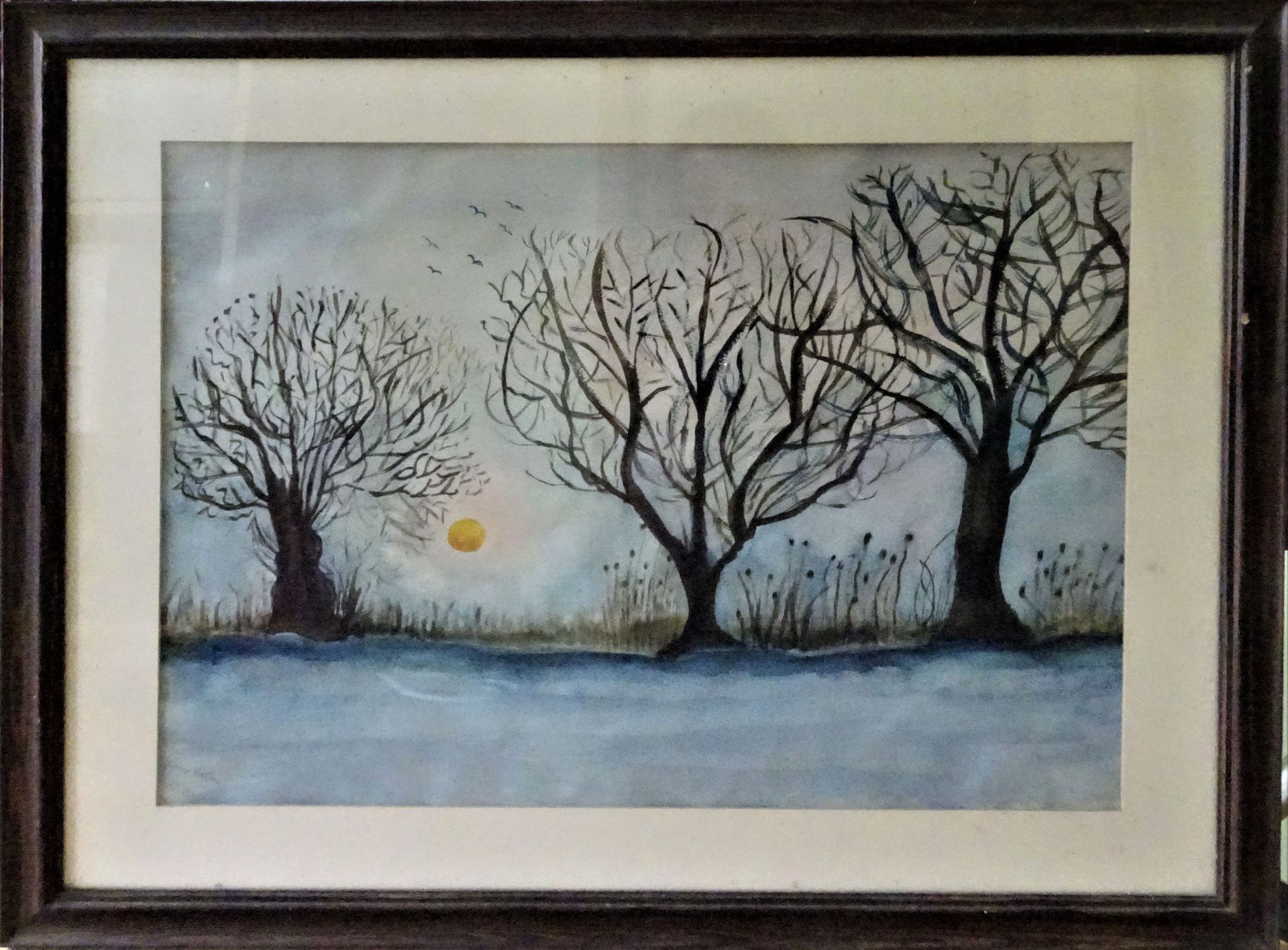 Anne Krohn-Wolgast b. Usedom. Mischtechnik auf Papier "Winterland", links unten Signatur Anne