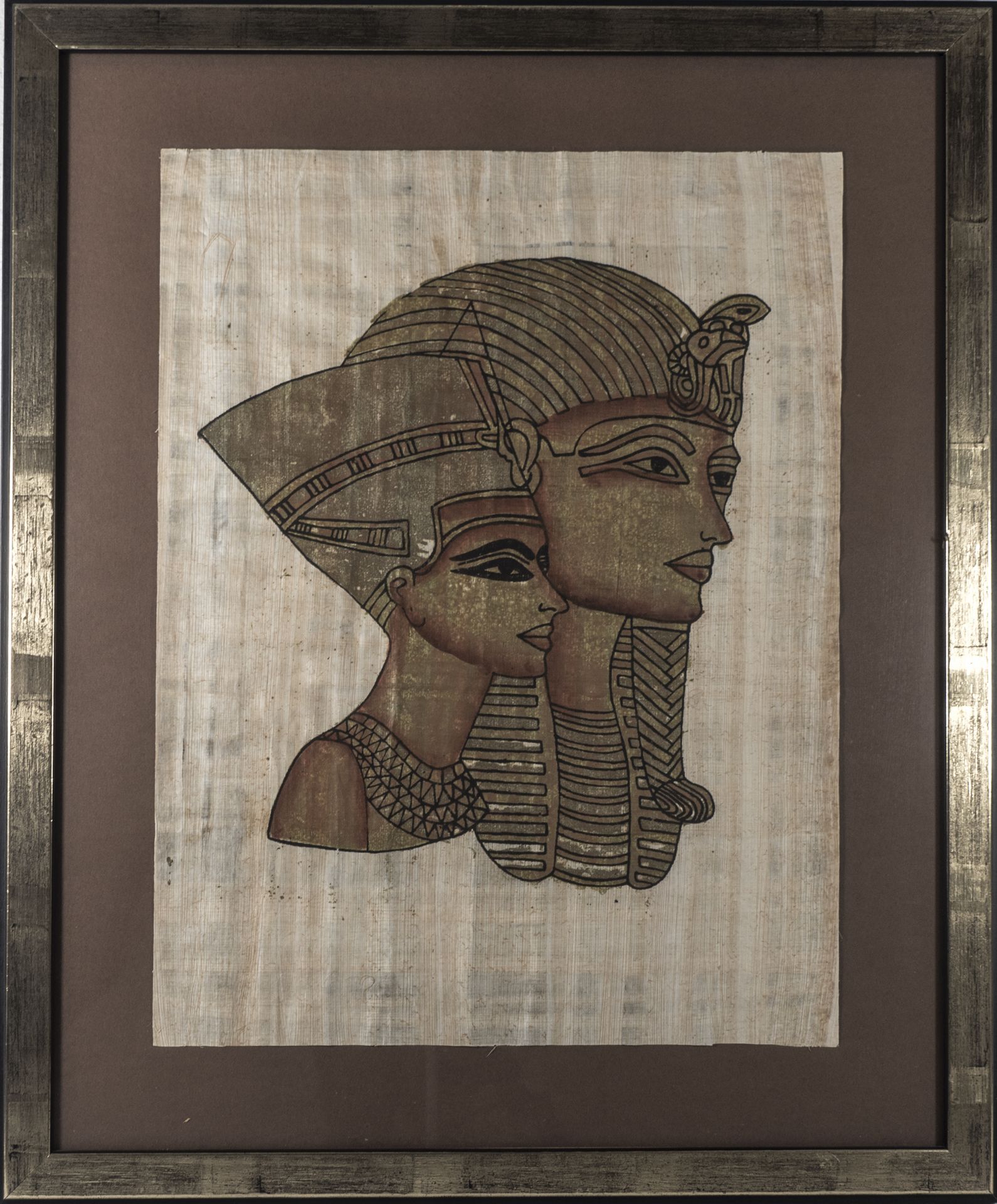 Papyrus - Malerei, Nofretete und Pharaonenmaske. Hinter Glas gerahmt. Rahmenmaß: ca. 54 cm x ca.