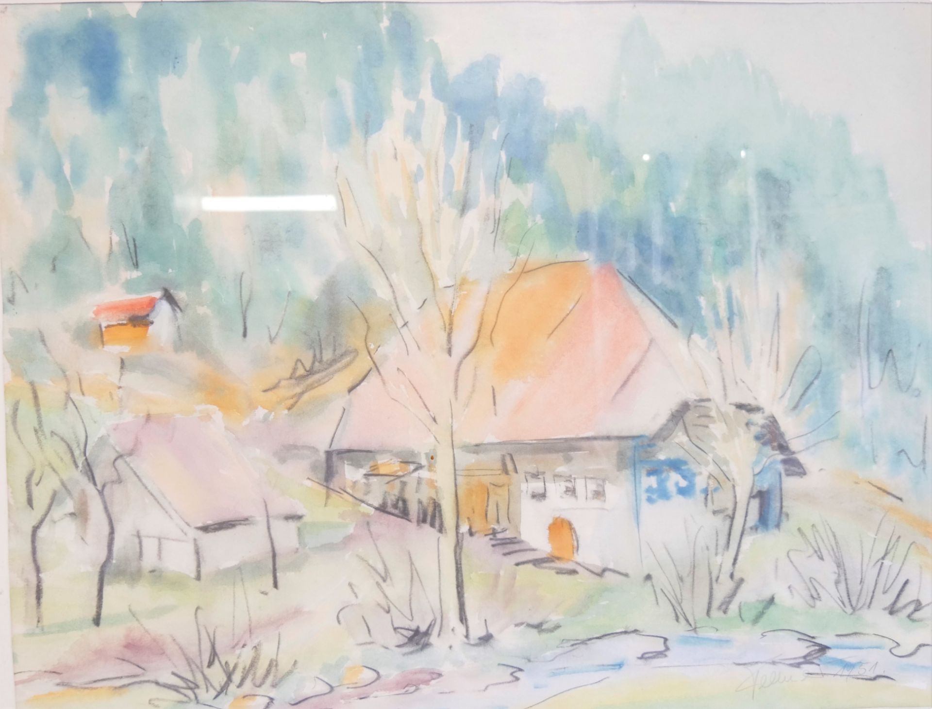 Ludwig Fellner (1917 - 2006), "Bachlauf mit Gebäuden", Aquarell, gerahmt, mit Signatur und datiert - Bild 2 aus 3