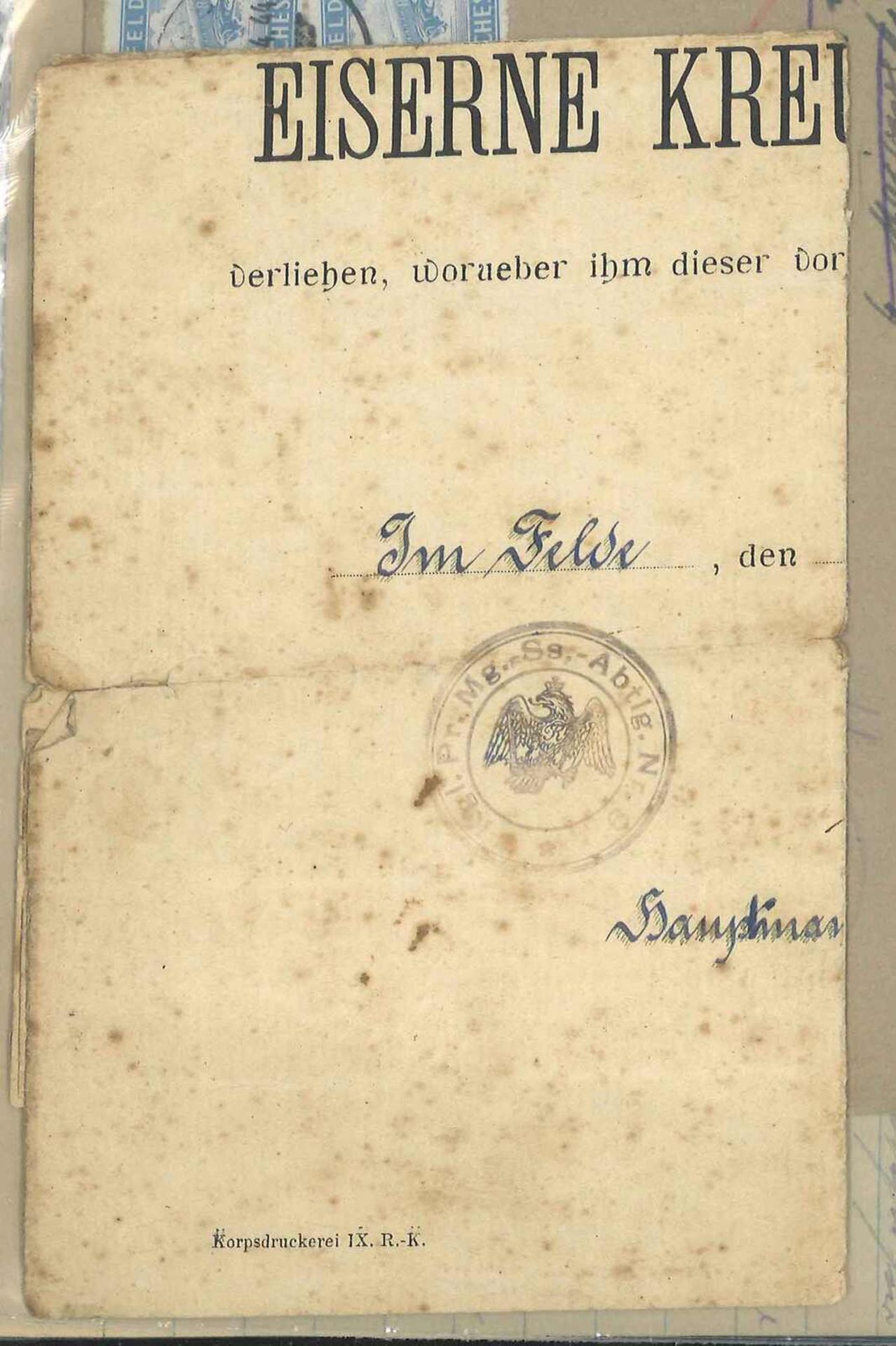 Feldpostbriefe 1. & 2. Weltkrieg, dabei vorläufiger Ausweis fürs Eiserne Kreuz 2. Klasse, 1.