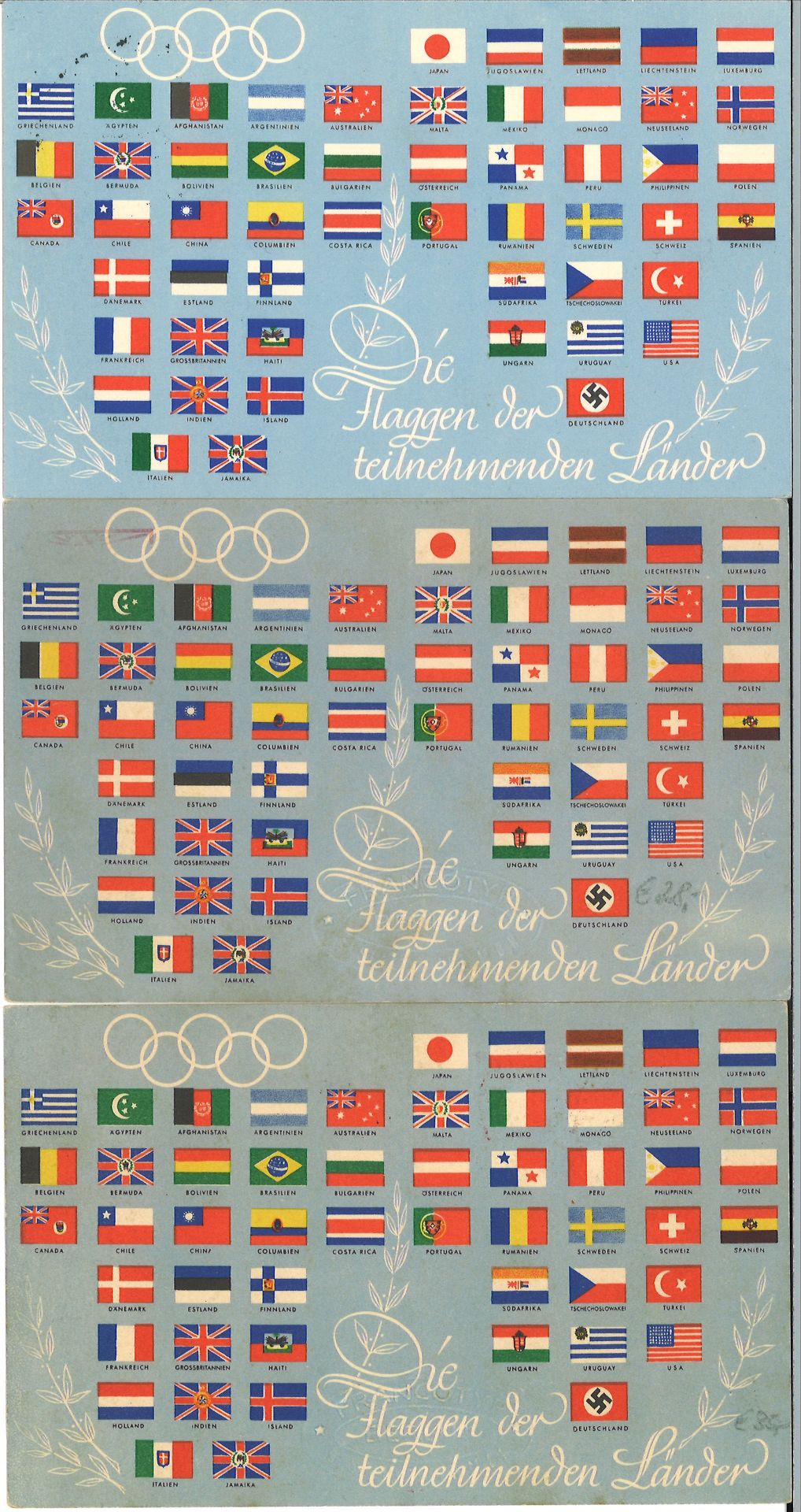 Olympische Spiele 1936, 3 Colorpostkarten "Die Flaggen der teilnehmenden Ländern mit verschiedenen