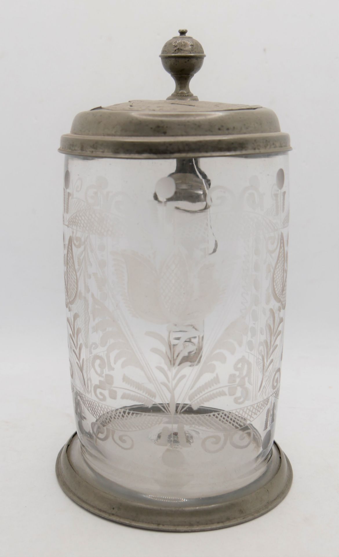 antiker Glasbierkrug mit Zinnmontur, am Deckel Monogramm, sowie Jahreszahl 1764, Absolutismus. - Bild 2 aus 4